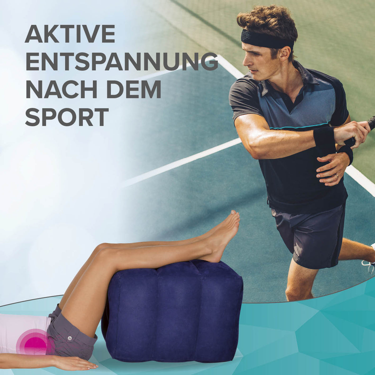 Person legt Beine auf blauen Stufenbett-Hocker, während nebenan Mann auf Tennisplatz ausweicht – aktive Erholung nach Sport.
