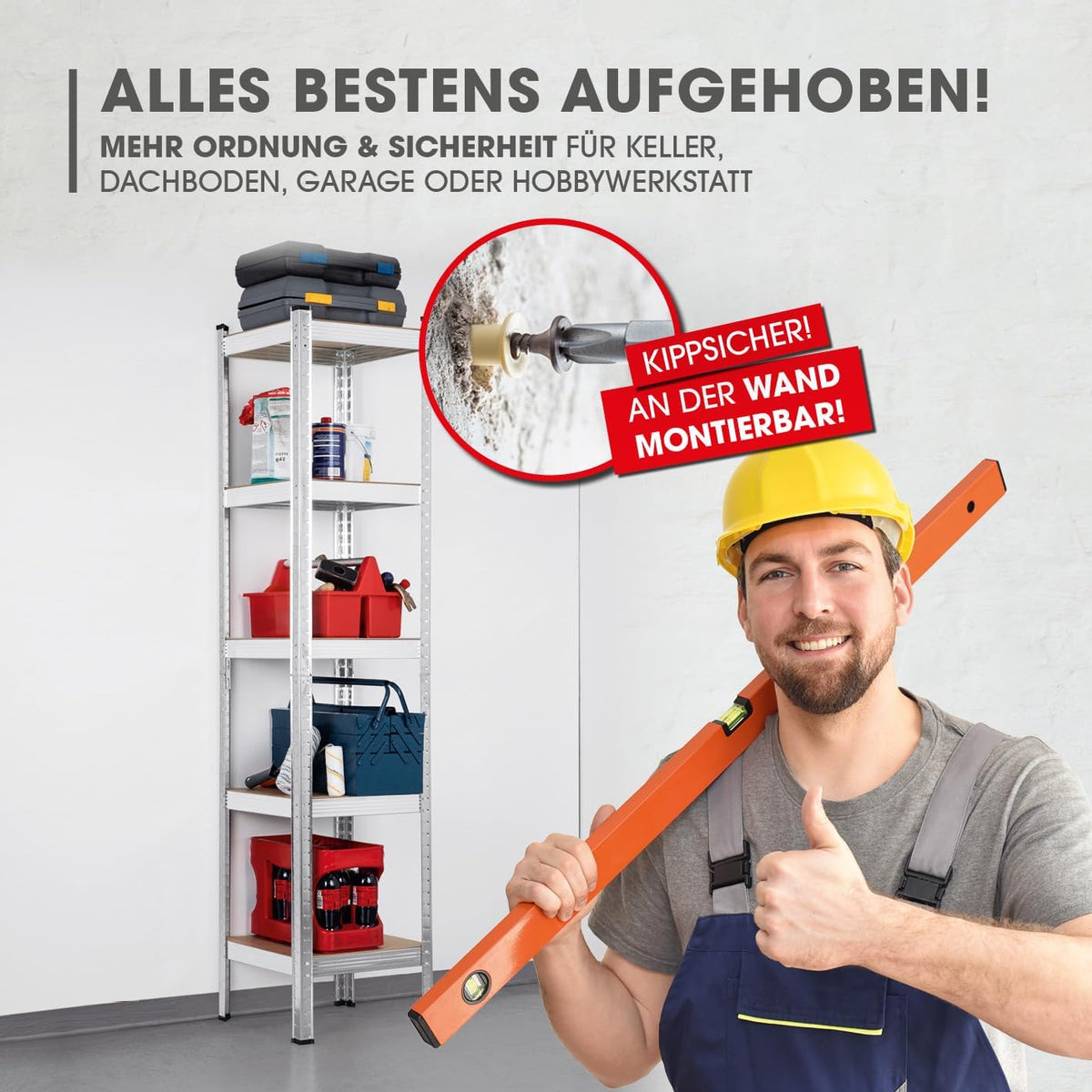 2 in 1 Schwerlastregal & Werkbank Bis zu 175 kg Tragkraft je Regalboden, platzsparend, sicher an der Wand montierbar, ideal für Werkstatt oder Keller.