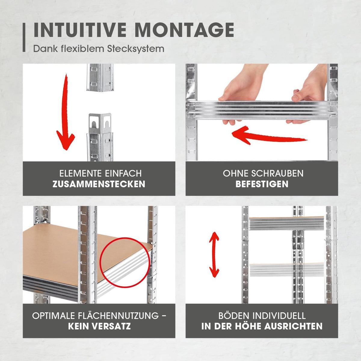 2 in 1 Schwerlastregal & Werkbank Bis zu 175 kg Tragkraft je Regalboden mit steckbarem System für einfache Montage ohne Schrauben und flexible Höhenanpassung