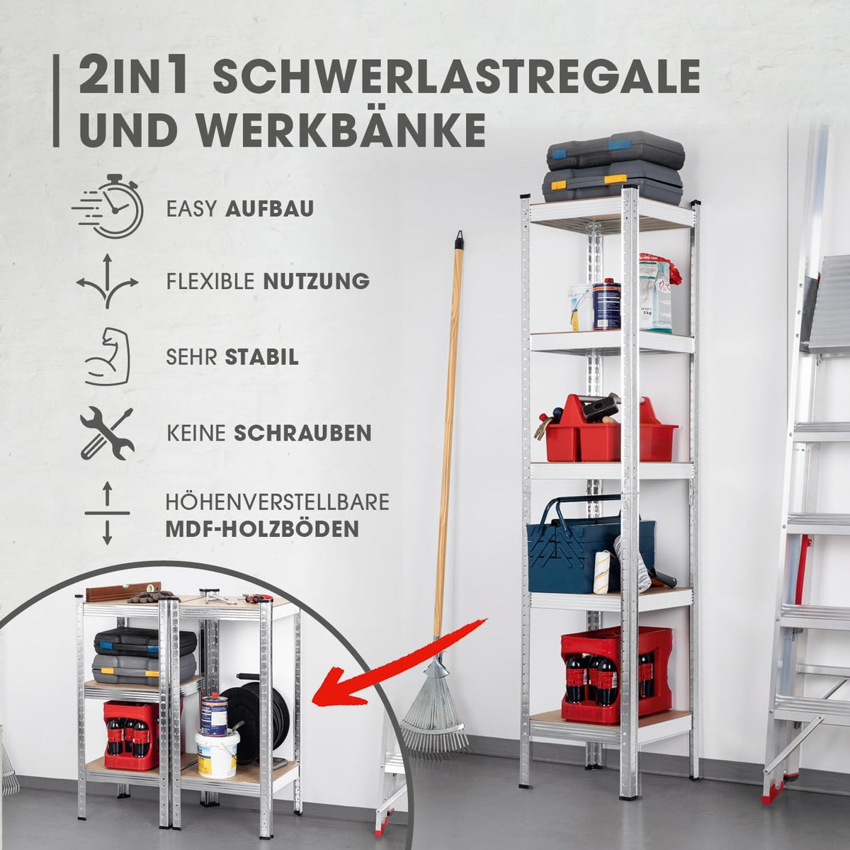 2 in 1 Schwerlastregal & Werkbank Bis zu 175 kg Tragkraft je Regalboden – stabiles, höhenverstellbares Metallregal mit MDF-Holzböden, montagefrei.