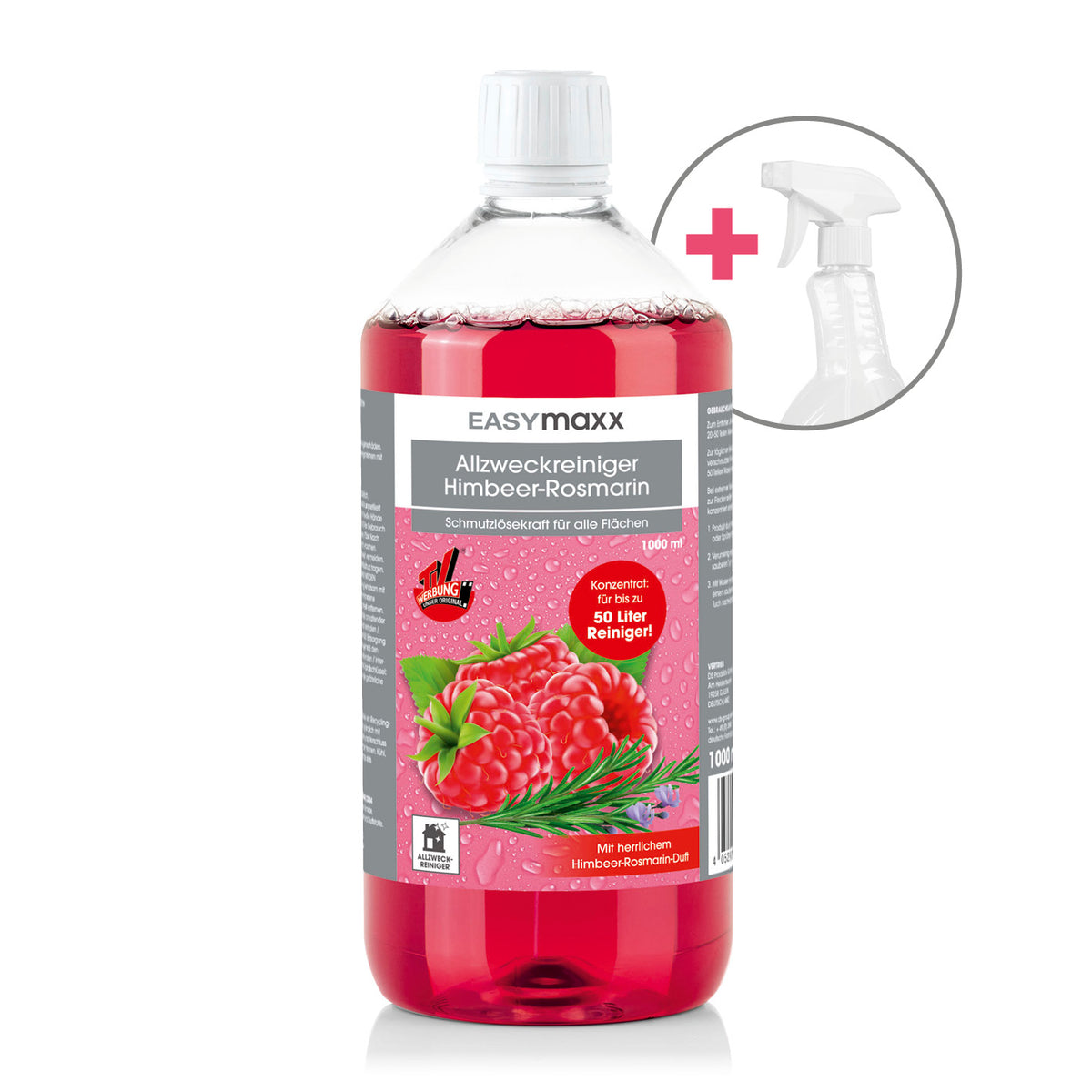 Reinigungsmittel Himbeer-Rosmarin 1000ml inkl. Sprühflasche mit roter Reinigungsflüssigkeit