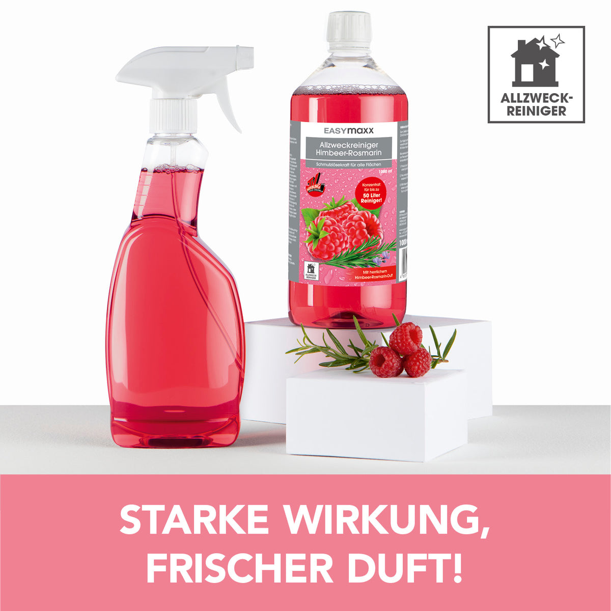 Reinigungsmittel Himbeer-Rosmarin 1000ml inkl. Sprühflasche mit roter Flüssigkeit Himbeeren und Rosmarin