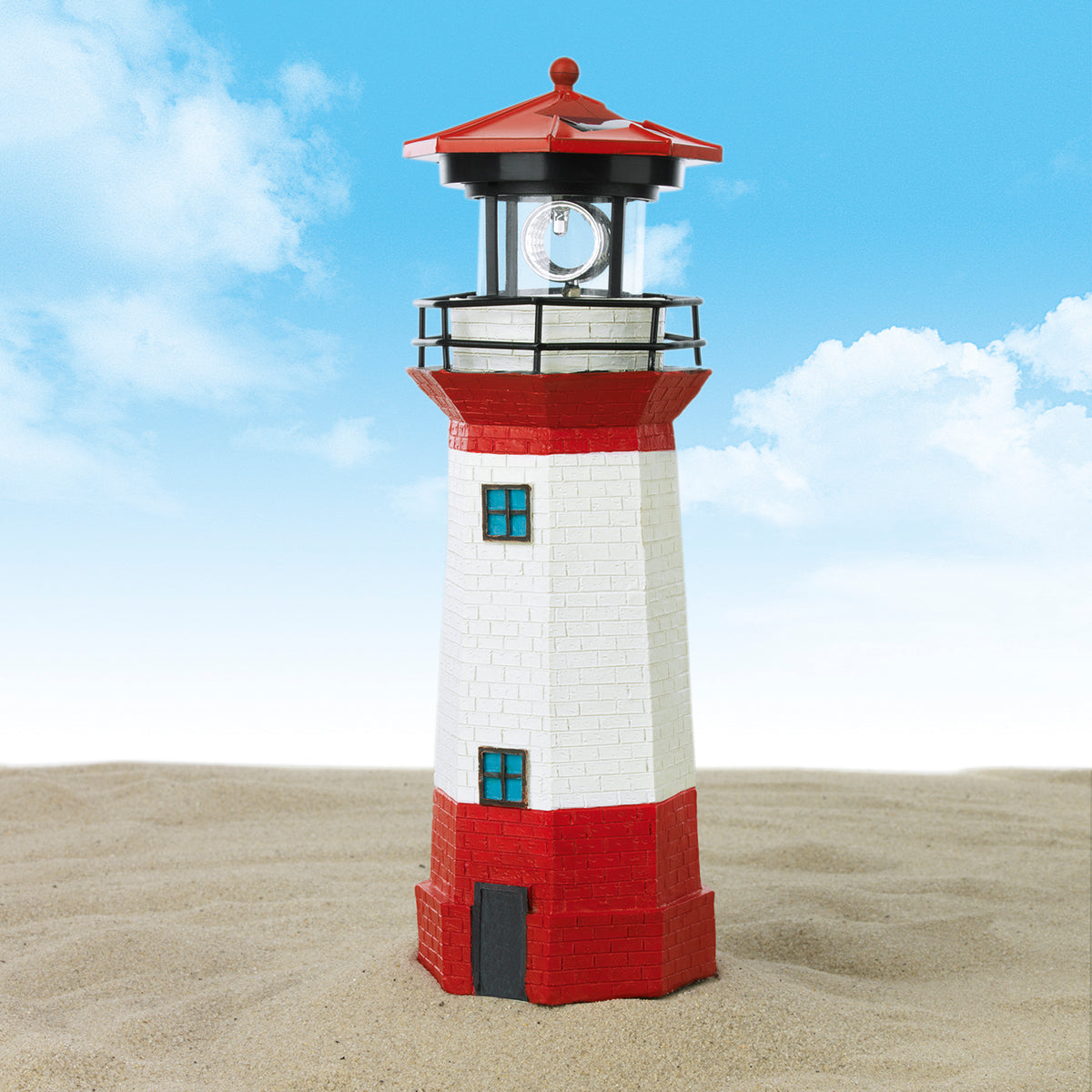 Solar-Leuchte Leuchtturm - Rot/Weiß mit realistischer Optik, geeignet für stimmungsvolle Außenbereiche bei Tag und Nacht.