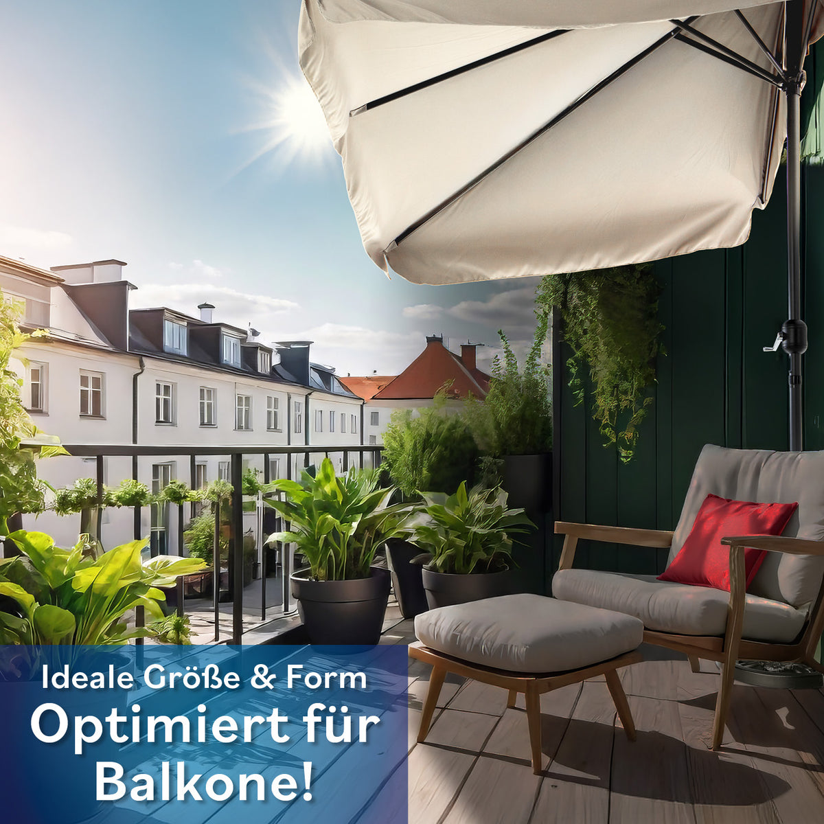 EASYmaxx Sonnenschirm - rechteckig, beige, platzsparend und mit UV-Schutz 40+ ideal für kleine Balkone und Terrassen.