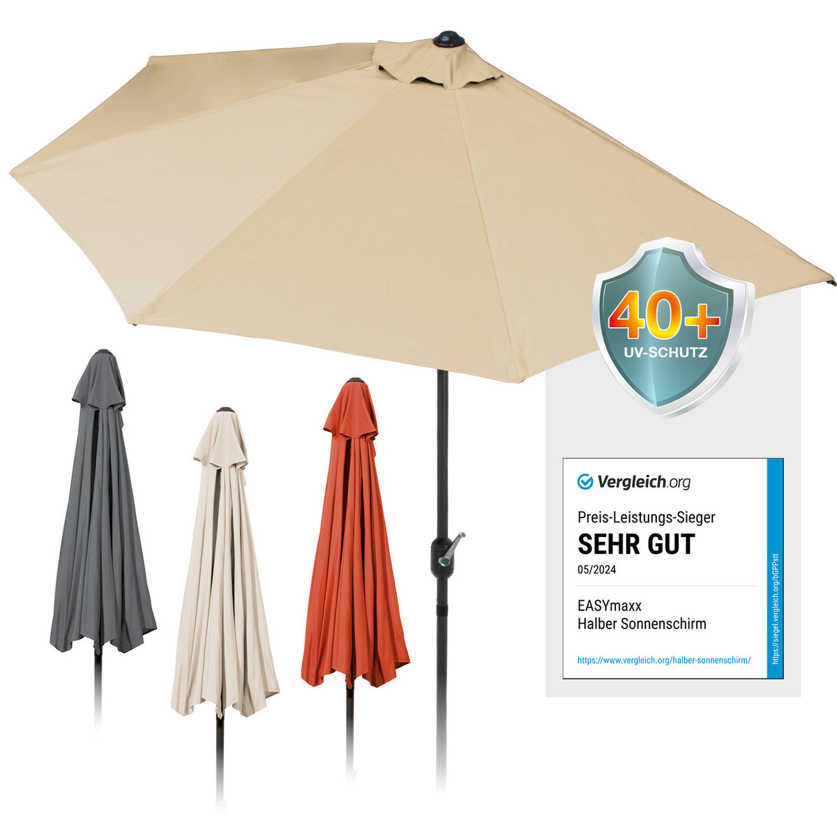 EASYmaxx Sonnenschirm - halbrund, beige, UV-Schutz 40+, platzsparend, wetterfest, mit Handkurbel, ideal für kleine Balkone und Terrassen.