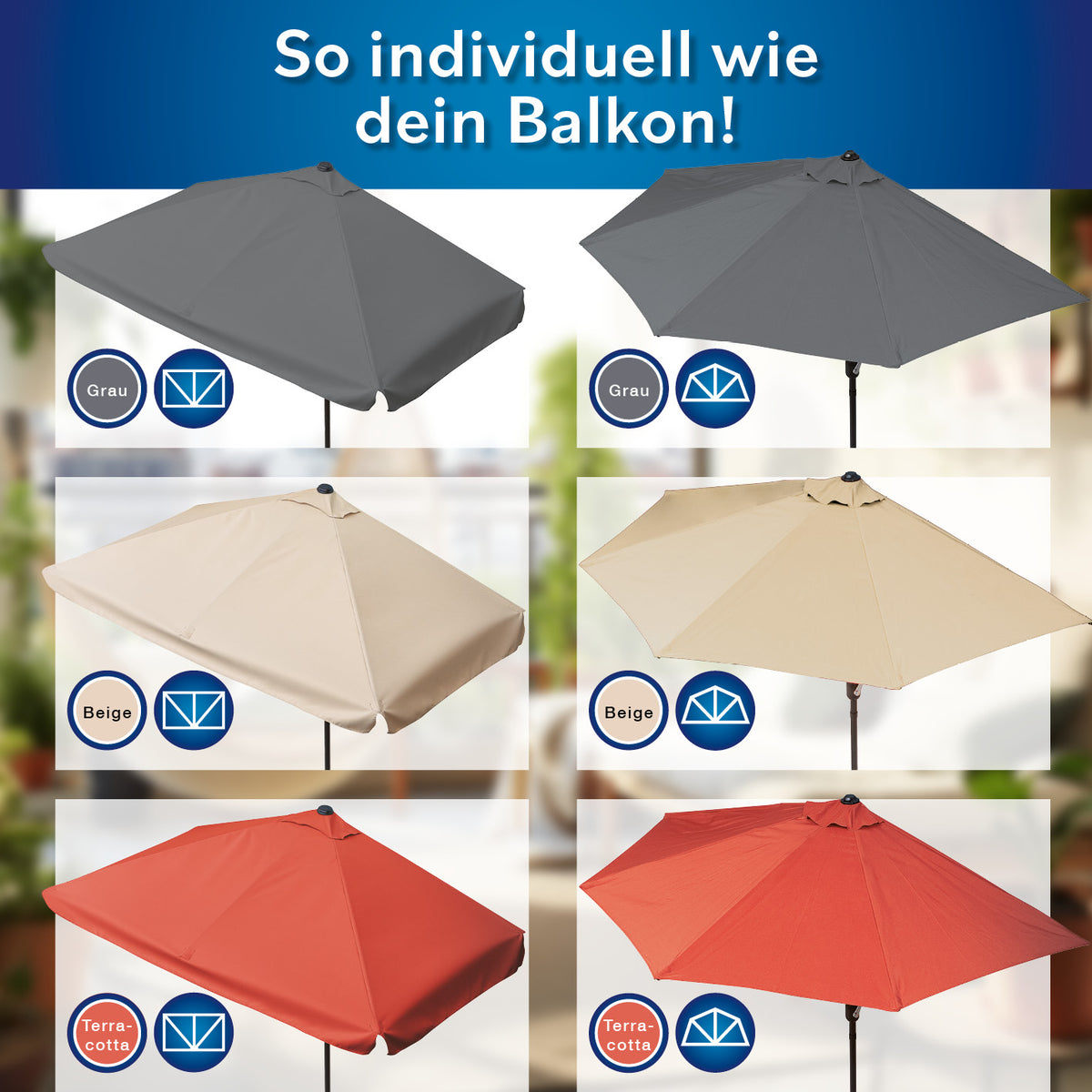 EASYmaxx Sonnenschirm - halbrund, terrakottafarben, platzsparend, UV-Schutz 40+, ideal für kleine Terrassen und Balkone, mit Handkurbel.