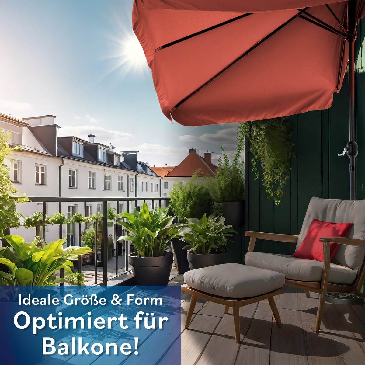 EASYmaxx Sonnenschirm rechteckig terrakottafarben, platzsparend, UV-Schutz 40+, ideal für Balkone und kleine Terrassen, Handkurbel, wetterfest.