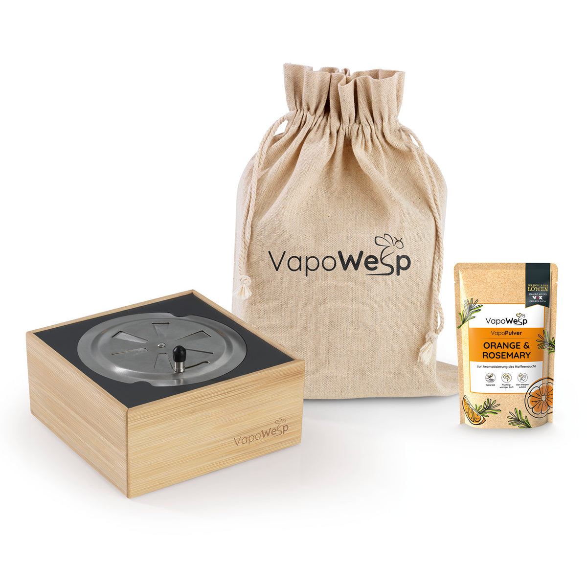Räucherbox inkl. Pulver Orange & Rosemary (50 g) mit Aromapulver für angenehmen Rauch in nachhaltiger Holzbox und Stoffbeutel.