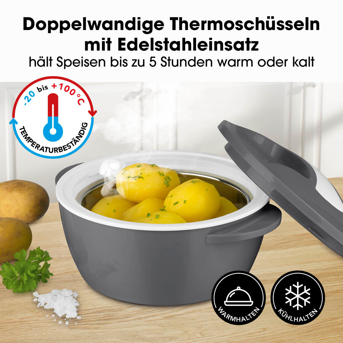 Thermo-Schüssel Mikrowelle - 850 ml grau/weiß, doppelwandig, Edelstahl, hält Speisen bis zu 5 Stunden warm oder kalt, temperaturbeständig -20 bis 100 °C.