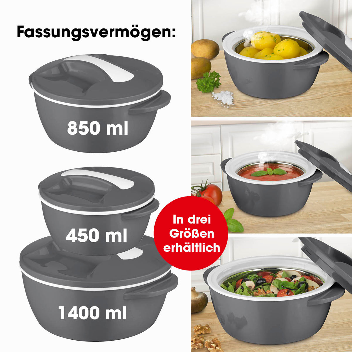 Thermo-Schüssel Mikrowelle - 850 ml grau/weiß, doppelwandig mit Edelstahleinsatz, hält Speisen warm oder kalt bis 5 Stunden.