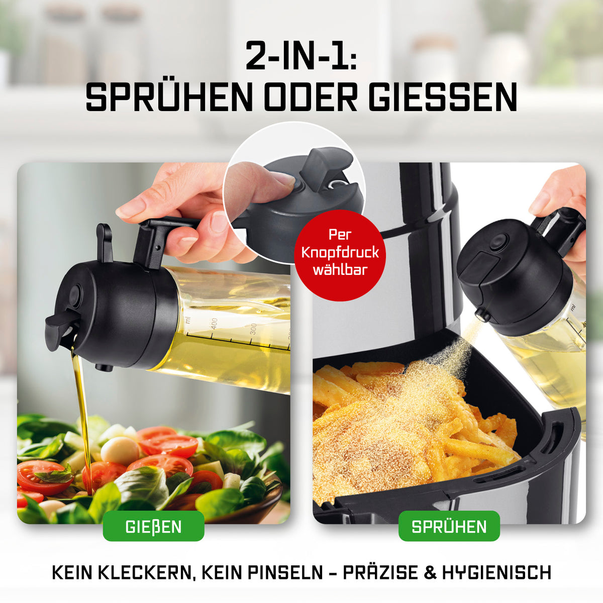 2-in-1 Ölsprüher & -spender – 470 ml mit Sprüh- und Gießfunktion für präzises Dosieren beim Kochen, Braten und Grillen.