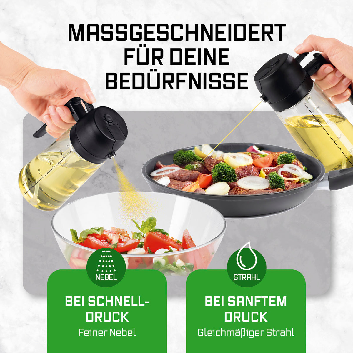 2-in-1 Ölsprüher & -spender – 470 ml zeigt feinen Nebel und gezielten Strahl, ideal zum gleichmäßigen Dosieren beim Kochen.