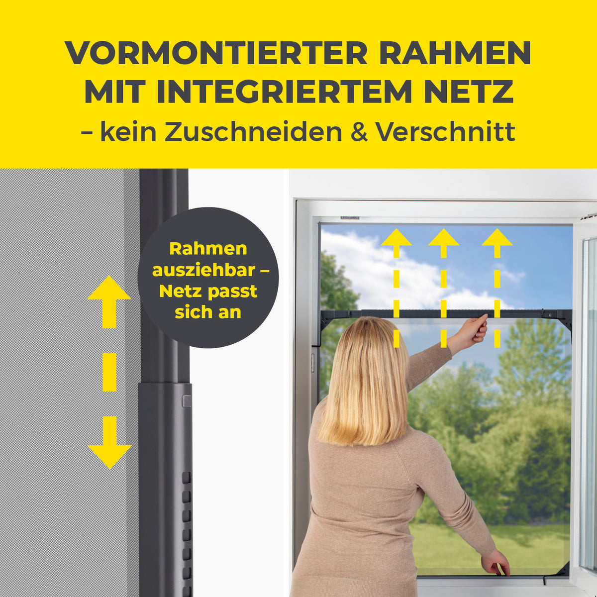 Teleskop-Insektenschutzgitter mit integriertem Netz - anthrazit, vormontierter ausziehbarer Rahmen für passgenaue Anpassung ohne Zuschneiden.