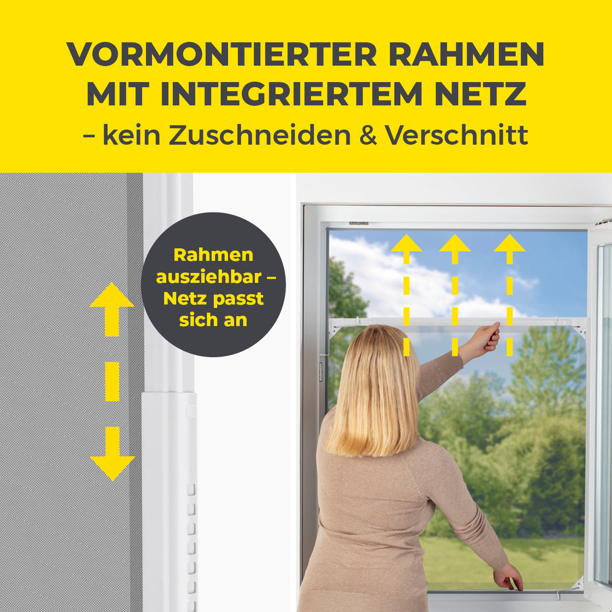Teleskop-Insektenschutzgitter mit integriertem Netz - 4er-Set - weiß mit vormontiertem, ausziehbarem Rahmen für passgenauen Schutz ohne Zuschnitt.