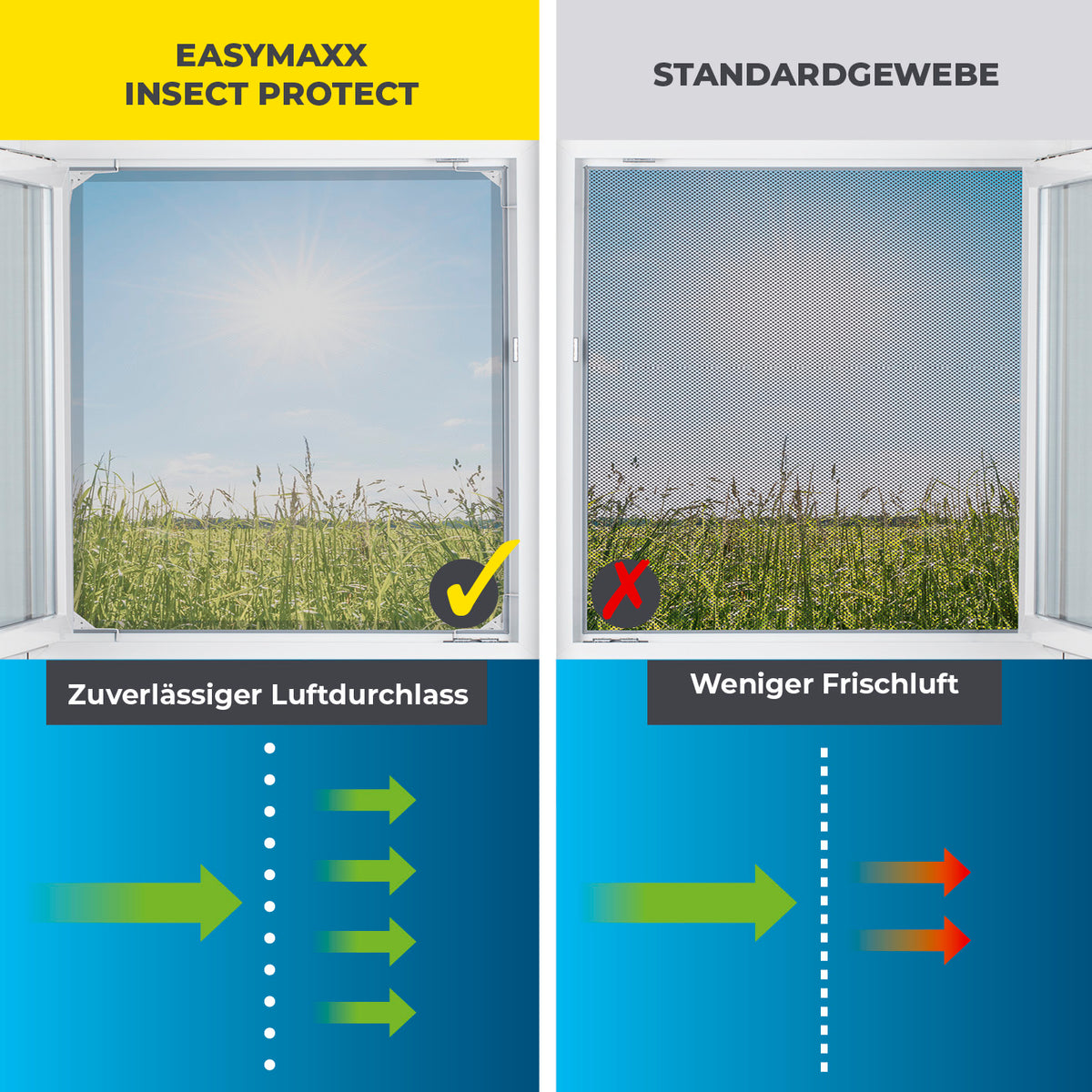 Teleskop-Insektenschutzgitter mit integriertem Netz - 4er-Set - weiß zeigt besseren Luftstrom im Vergleich zu Standardgewebe bei geöffnetem Fenster.