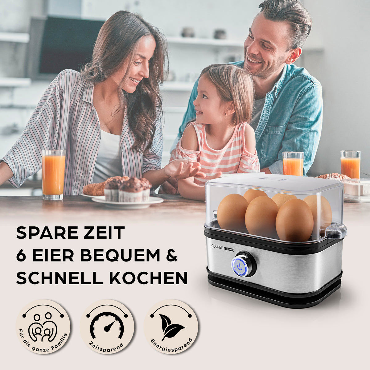 Design-Eierkocher 6 Eier - Edelstahl mit Timer, energiesparend und ideal für Familien zur schnellen Zubereitung von Eiern ohne Herd.