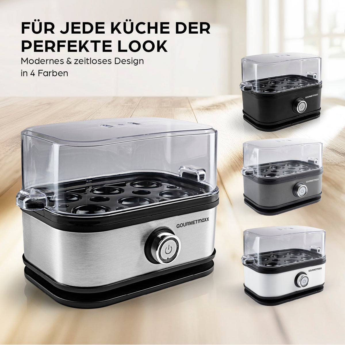 Design-Eierkocher 6 Eier - Edelstahl in modernem Design mit transparentem Deckel und Bedienknopf, ideal für jede Küche.