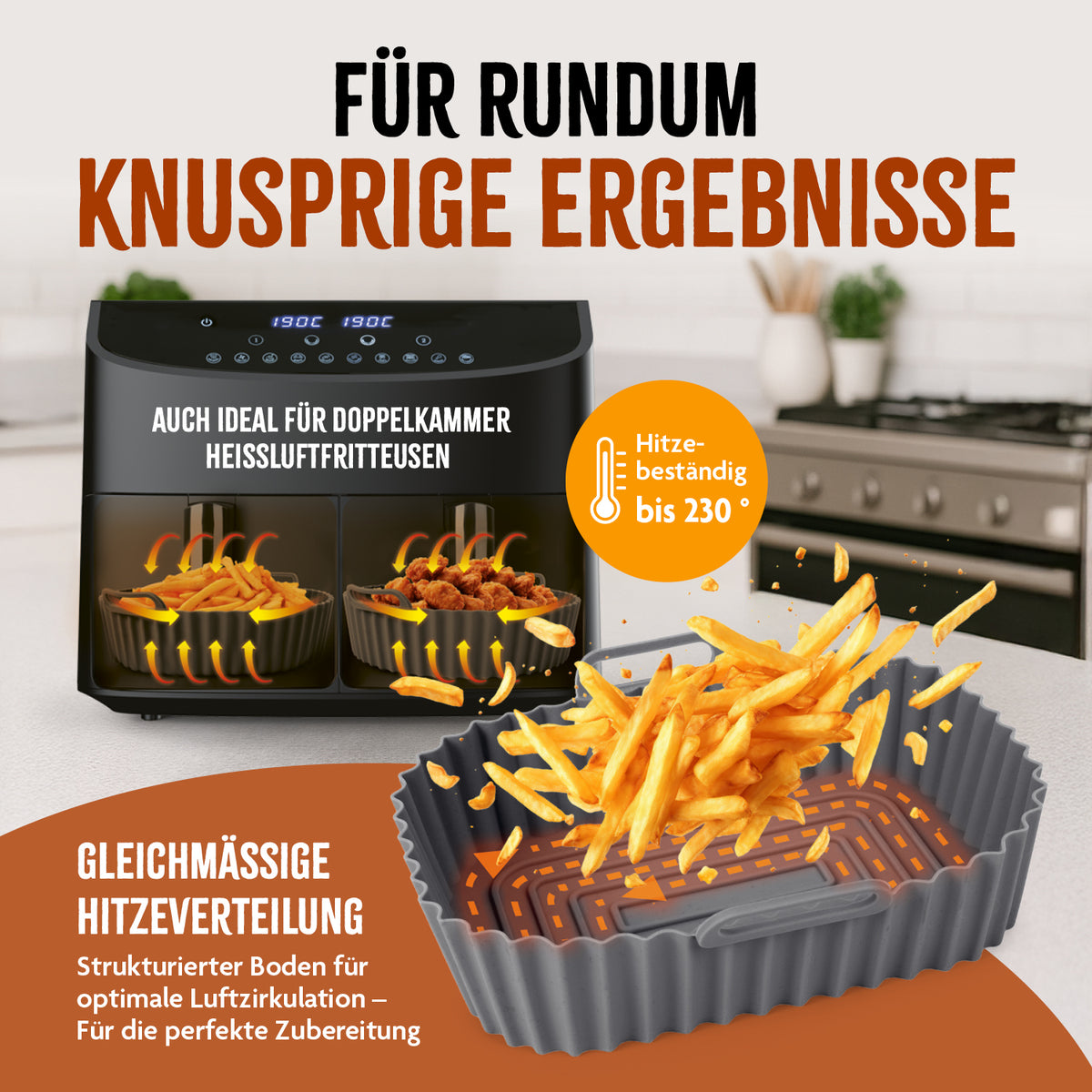 Silikonform für Heißluft-Fritteusen - 20x15x6,3cm mit hitzebeständigem, strukturiertem Boden für knusprige Ergebnisse.
