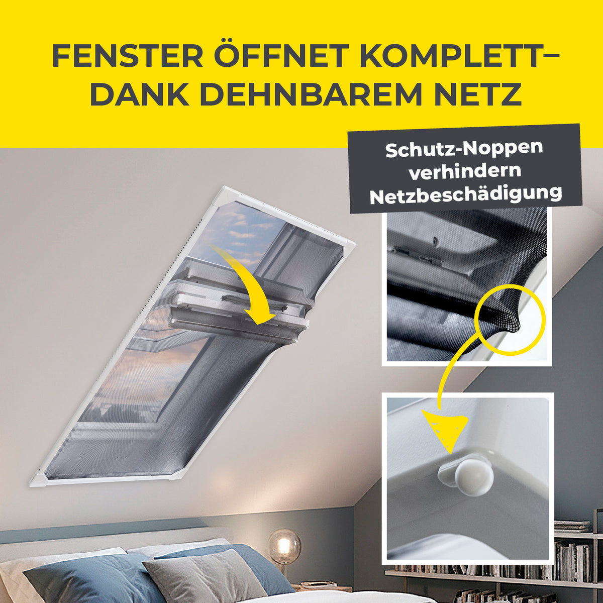 Teleskop-Insektenschutzgitter für Dachfenster - 2er-Set mit dehnbarem Netz und Schutz-Noppen für voll geöffnetes Dachfenster ohne Netzbeschädigung.