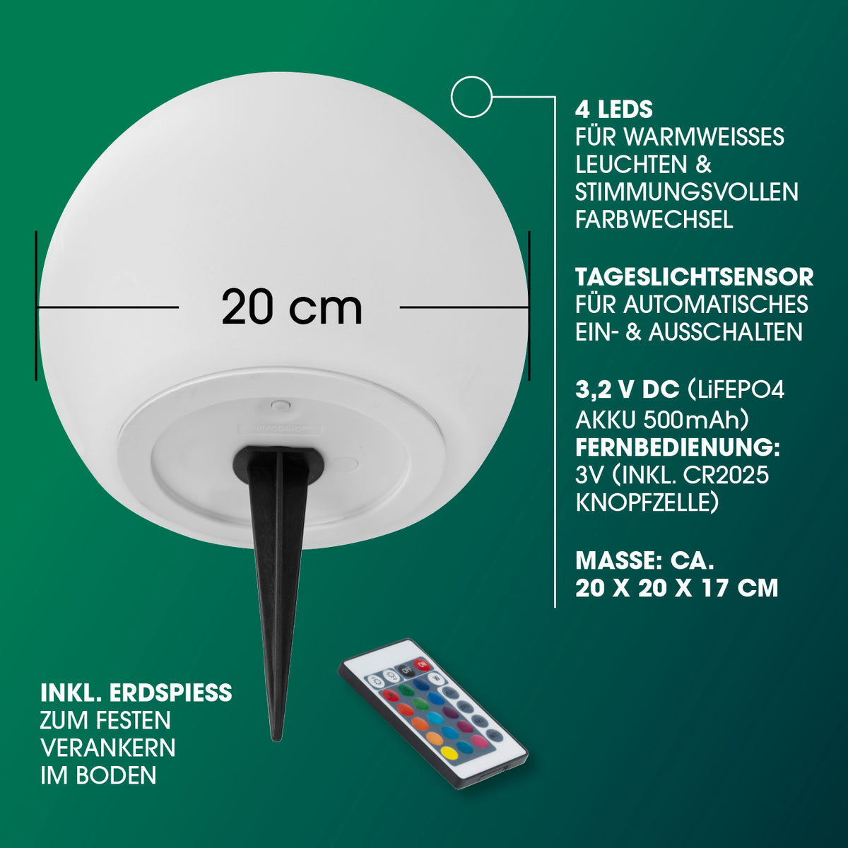 Solarleuchte Kugel - 40 cm - 2er-Set mit Fernbedienung, Erspieß und Beleuchtungseigenschaften, Galerieposition 8, quadratisch, 1417x1417px