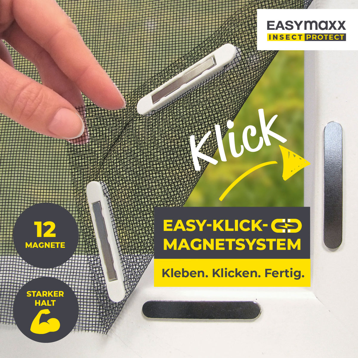 Insektenschutzgitter mit Magnetbefestigung - 4er-Set mit 12 Magneten und Easy-Klick-System zum einfachen Anbringen
