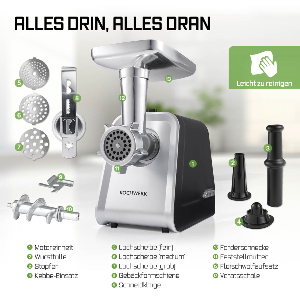Fleischwolf 4in1 - silber/schwarz mit vielseitigem Zubehör wie Wurststolle, Kebbe-Einsatz und unterschiedlichen Lochscheiben für einfache Reinigung.