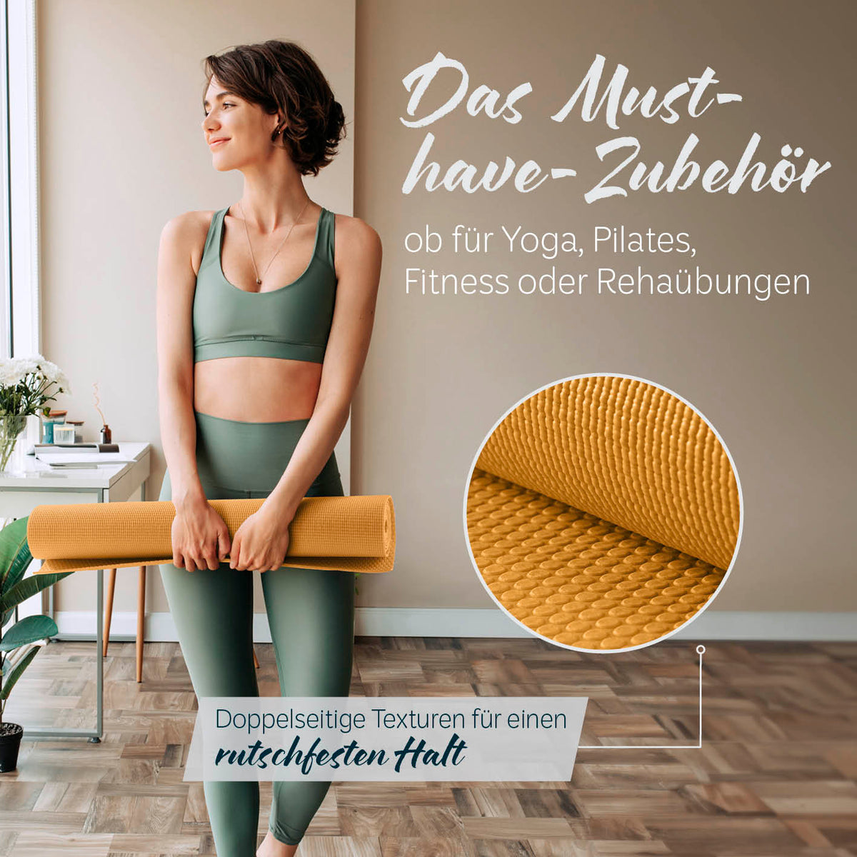 Yogamatte Kirana - 183 x 61 x 0,4 cm - Curry mit rutschfester Oberfläche, weich und flexibel für Yoga, Pilates und Fitness.