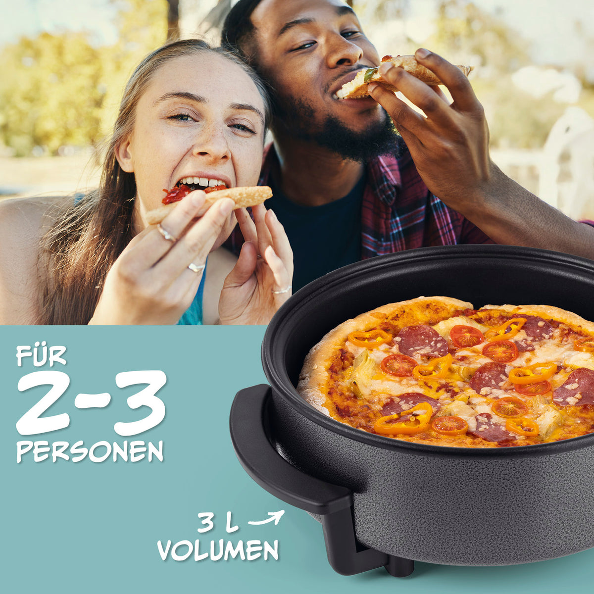 Elektrische Partypfanne - Ø 30 cm mit 3L Volumen, ideal für 2-3 Personen, flexibles Kochen von Pizza, Pasta und mehr ohne Herd.