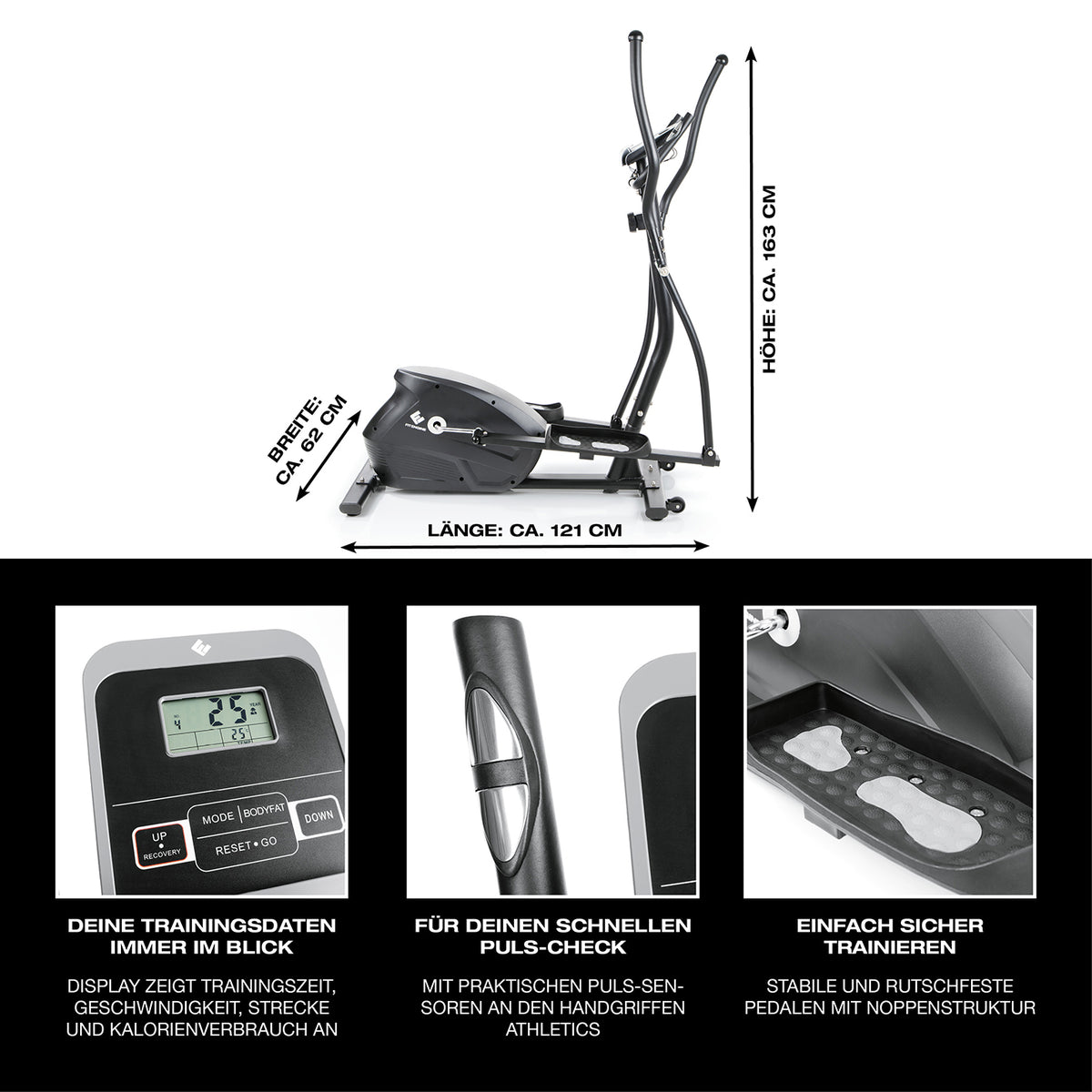 Crosstrainer - belastbar bis 150 kg mit 10 Schwierigkeitsstufen, Pulssensoren, großem Display und rutschfesten Pedalen.