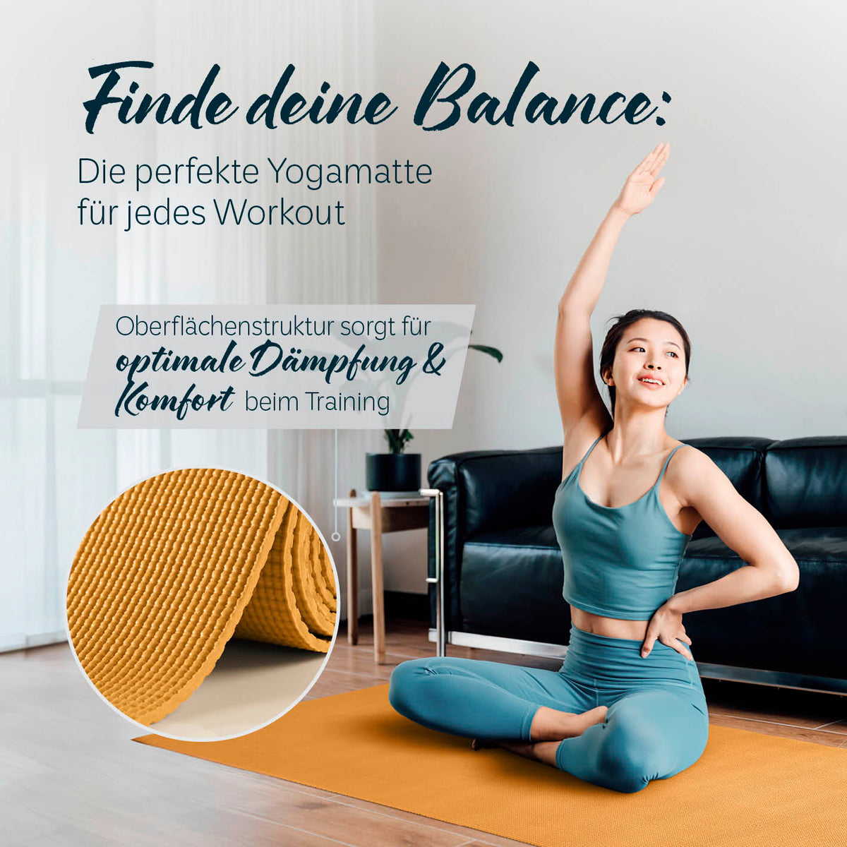 Yogamatte Kirana - 183 x 61 x 0,4 cm - Curry mit weicher Oberfläche für optimale Dämpfung und Komfort beim Training.