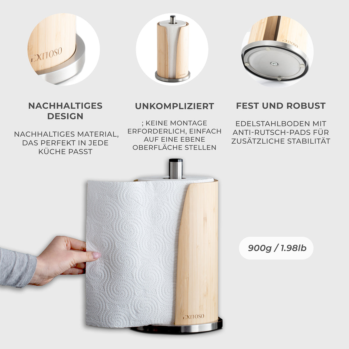 Küchenrollenhalter - Bambus + Edelstahl, nachhaltiges Design, rostfrei, stabil und platzsparend für Küche oder Bad.