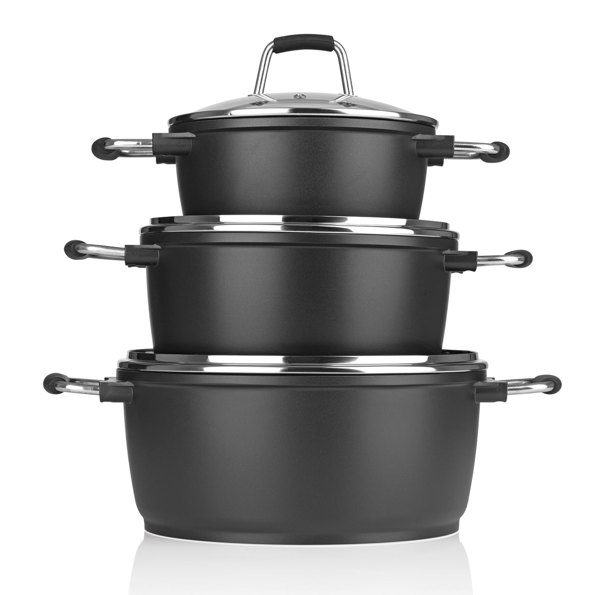 Aluguss-Kochtopf, 20 cm, stapelbar mit Greblon Antihaftbeschichtung, robust, langlebig und kratzunempfindlich.