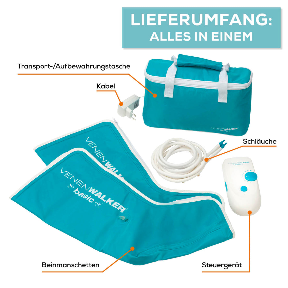 Therapiegerät VenenWalker Basic - Medizinprodukt mit Beinschläuchen, Steuergerät, Kabel und Transporttasche für venöse Therapie.