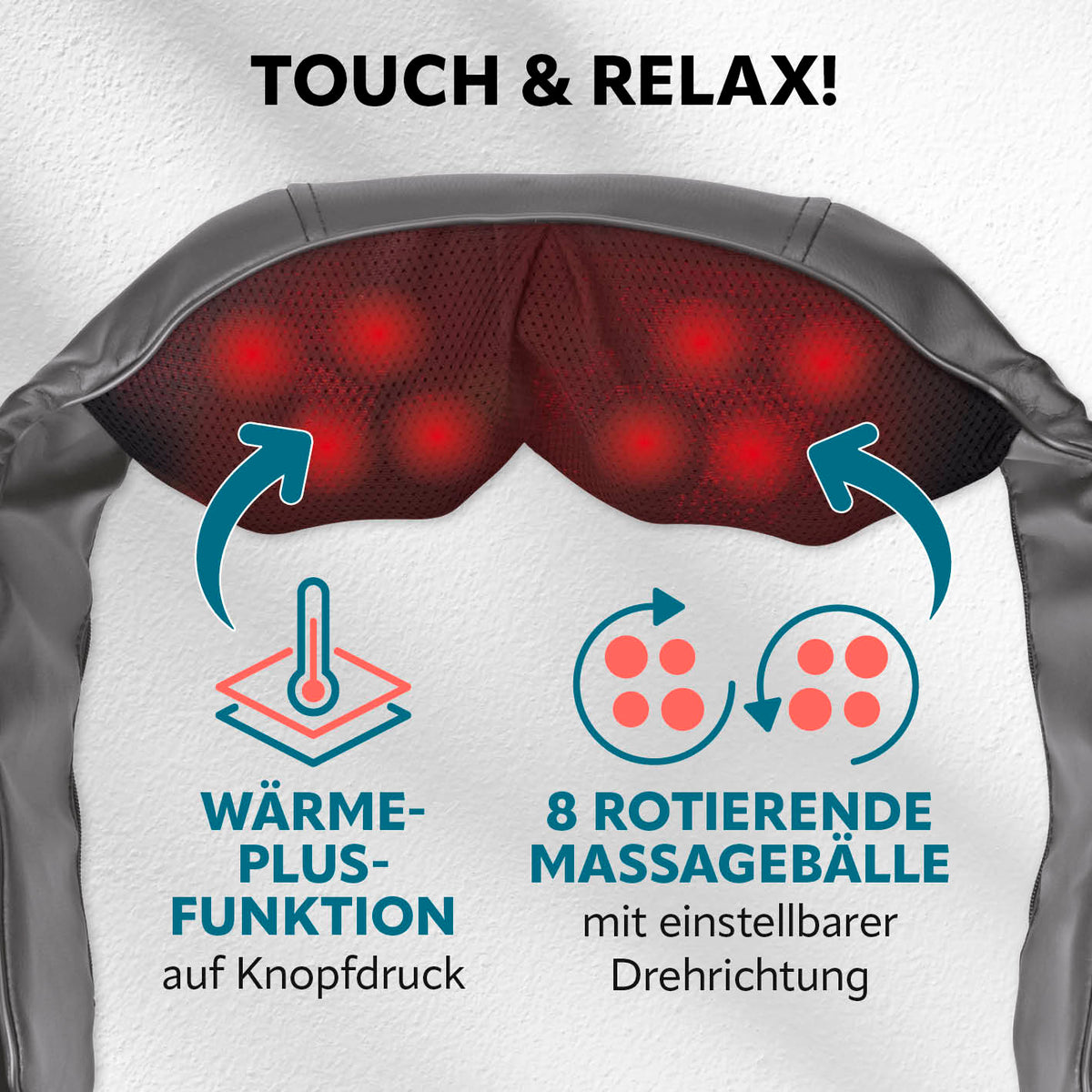 Shiatsu-Massagegerät mit 8 rotierenden Massagebällen und Wärmefunktion für gezielte Entspannung von Nacken und Schultern.