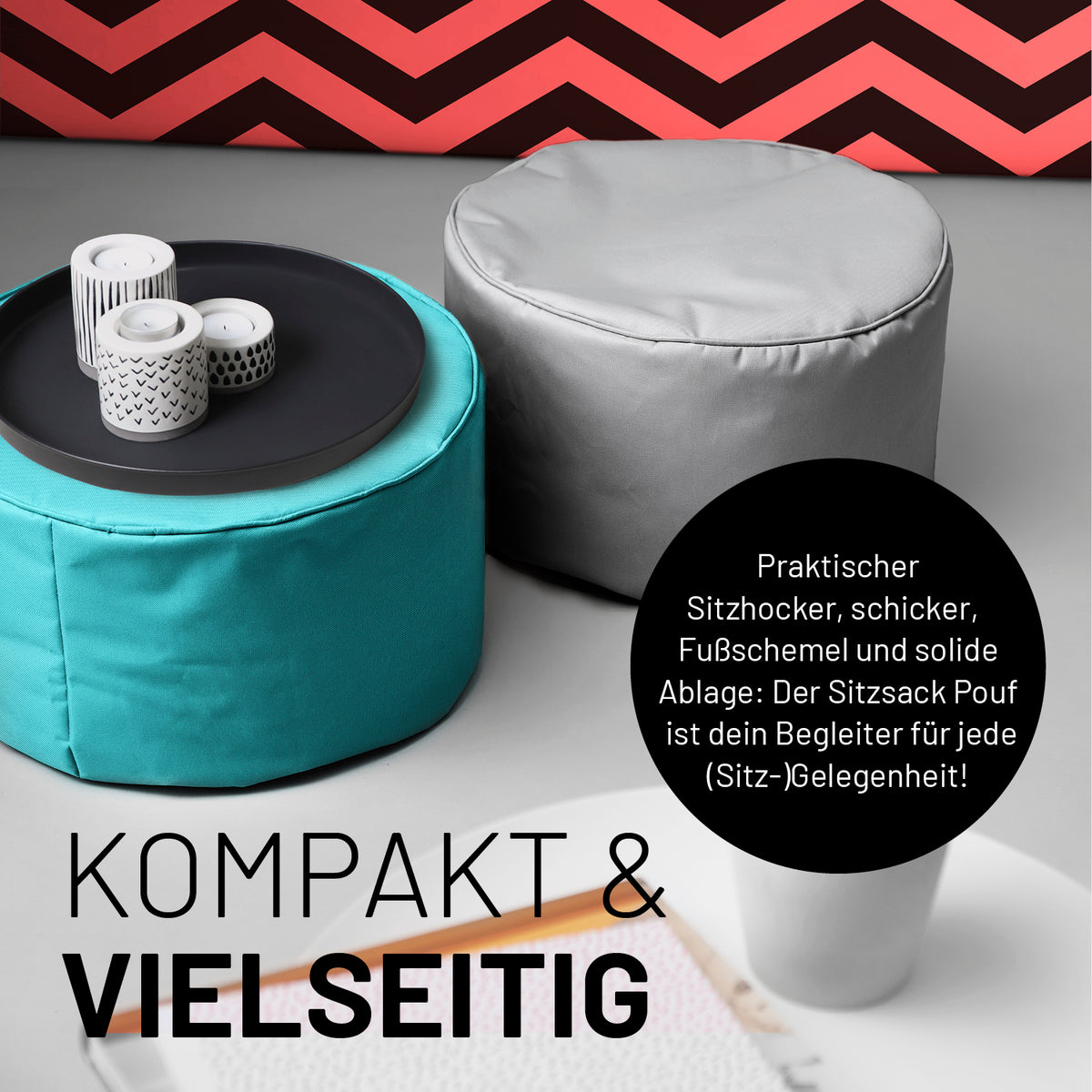 Sitzsack-Hocker/Pouf (50 L) in Aquamarin und Grau, vielseitig als Sitzhocker, Ablage und Fußschemel für indoor & outdoor.