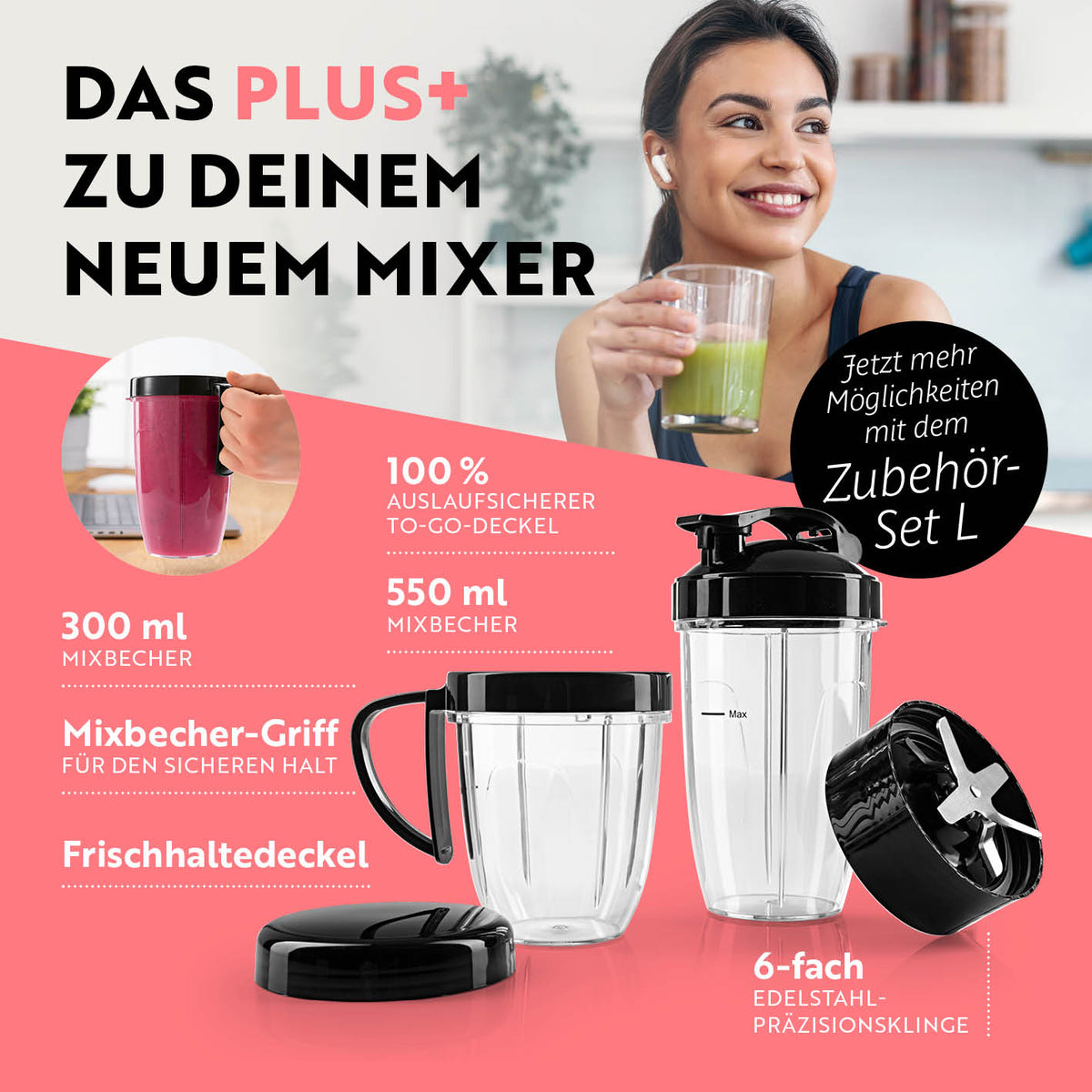 Nutrition Mixer Pro 1.000 mit Zubehörset L - Anthrazit/Schwarz zeigt Mixbecher, To-go-Deckel und 6-fach Edelstahlklinge für vielseitigen Gebrauch.