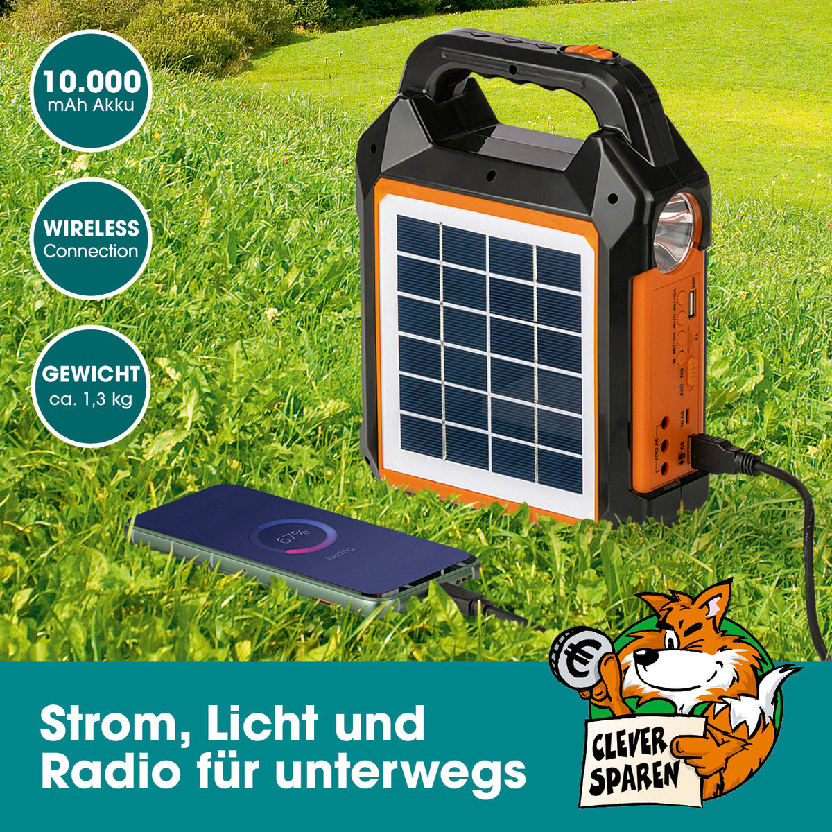 Solar-Generator Kit 10000mAh mit Solarpanel, USB-Ladung, integrierter Taschenlampe, Radio und LED-Leuchten für unterwegs