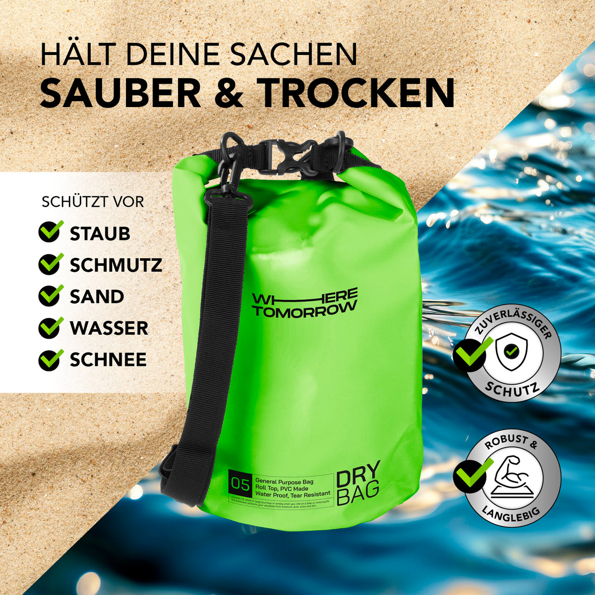 Dry Bag 5L - Style 01 - Grün, wasserdichter und robuster Outdoor-Rucksack schützt vor Staub, Schmutz, Sand, Wasser und Schnee.