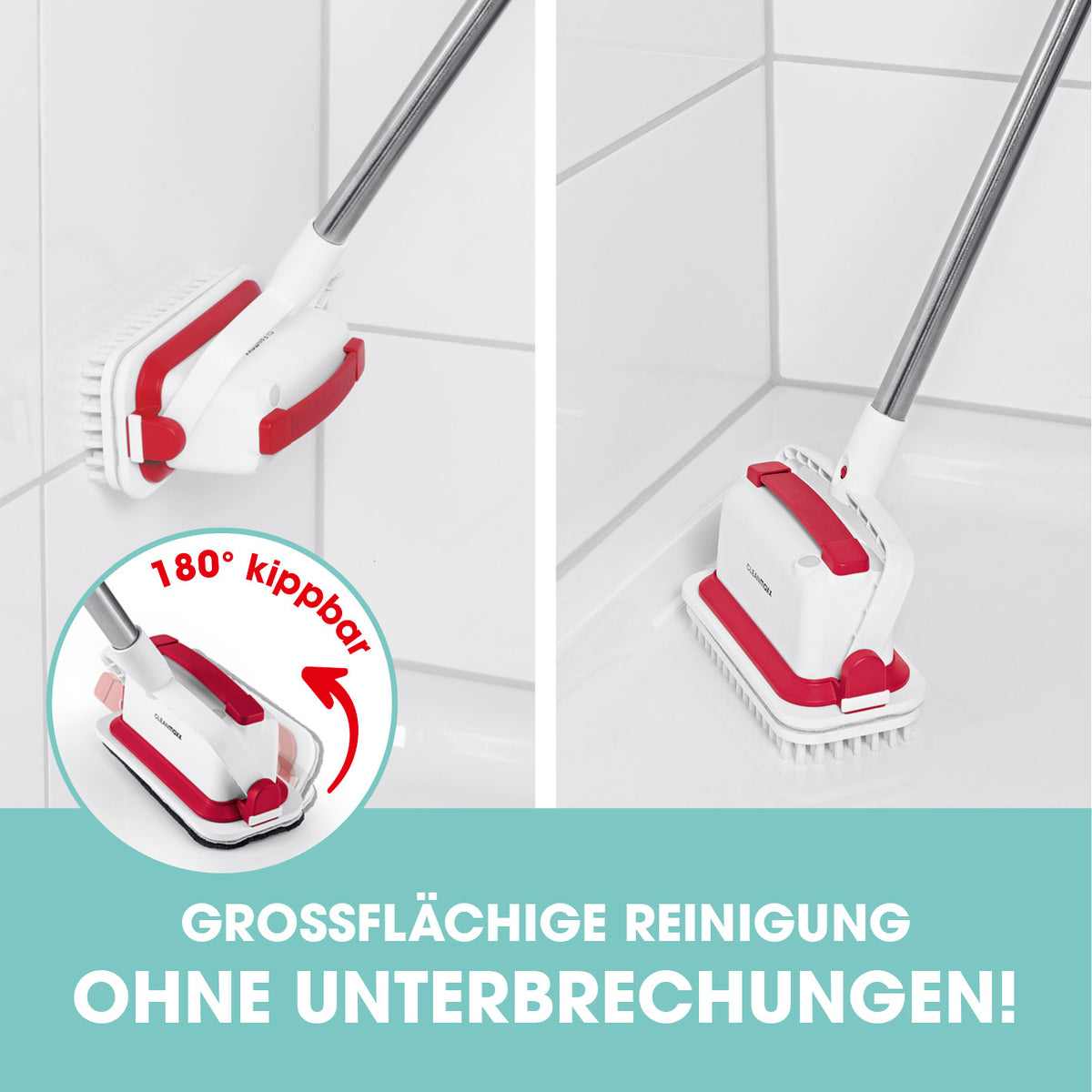 Akku-Scheuerbürste - weiß/rot mit 180° kippbarem Kopf für kabellose, großflächige Boden- und Handreinigung ohne Unterbrechungen.