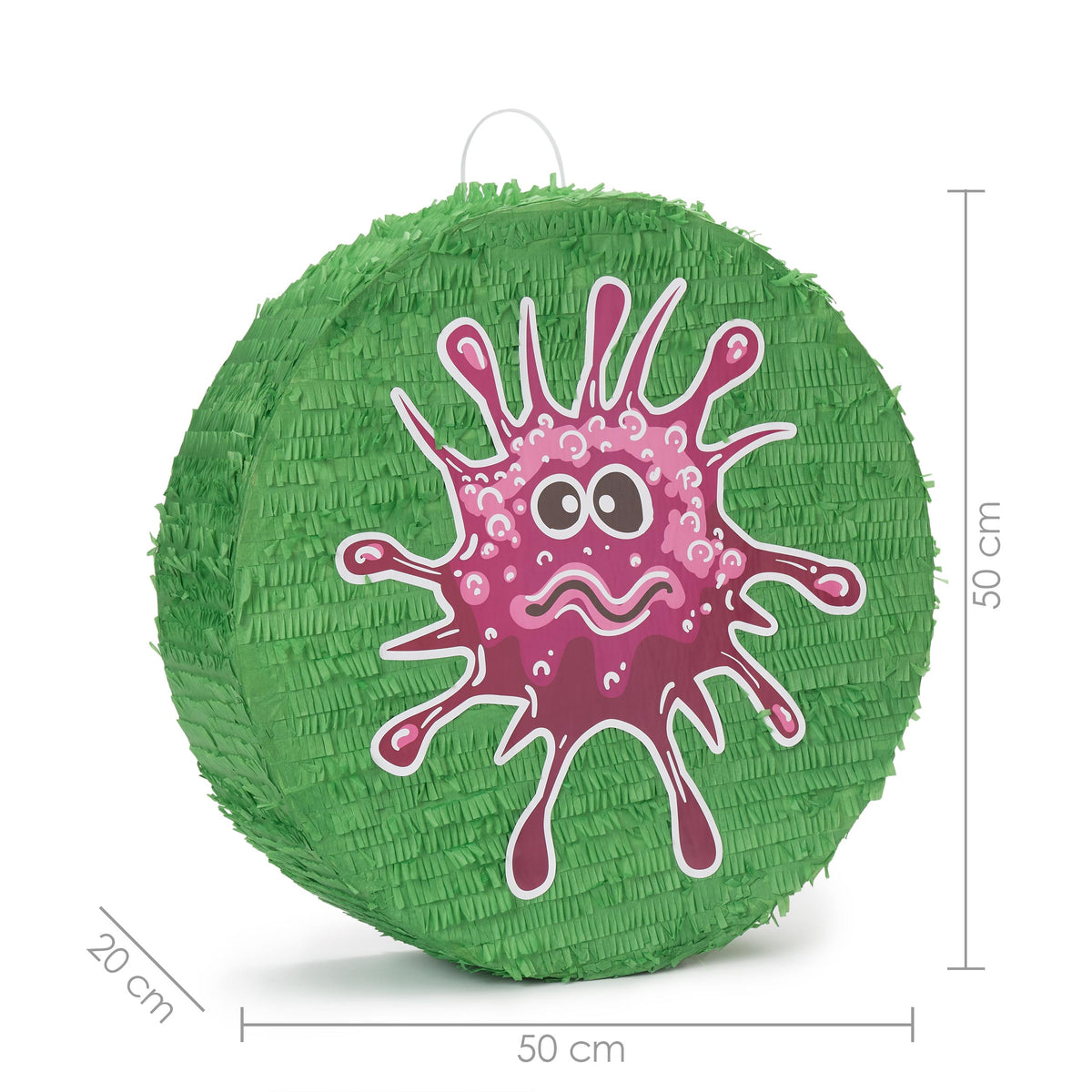 Pinata Set zum Befüllen inkl. Schläger & Augenbinde "Beat The Virus" - grüne Virus-Pinata mit lustigem Design und 50 cm Größe.