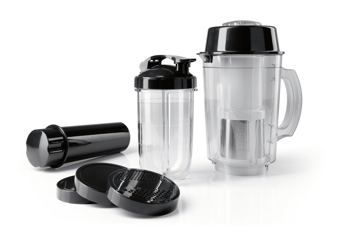 Zubehörset L für Mr. Magic Power 400 Pro - Schwarz mit Entsafteraufsatz, Bechern, Deckeln und praktischen Küchenhelfern.