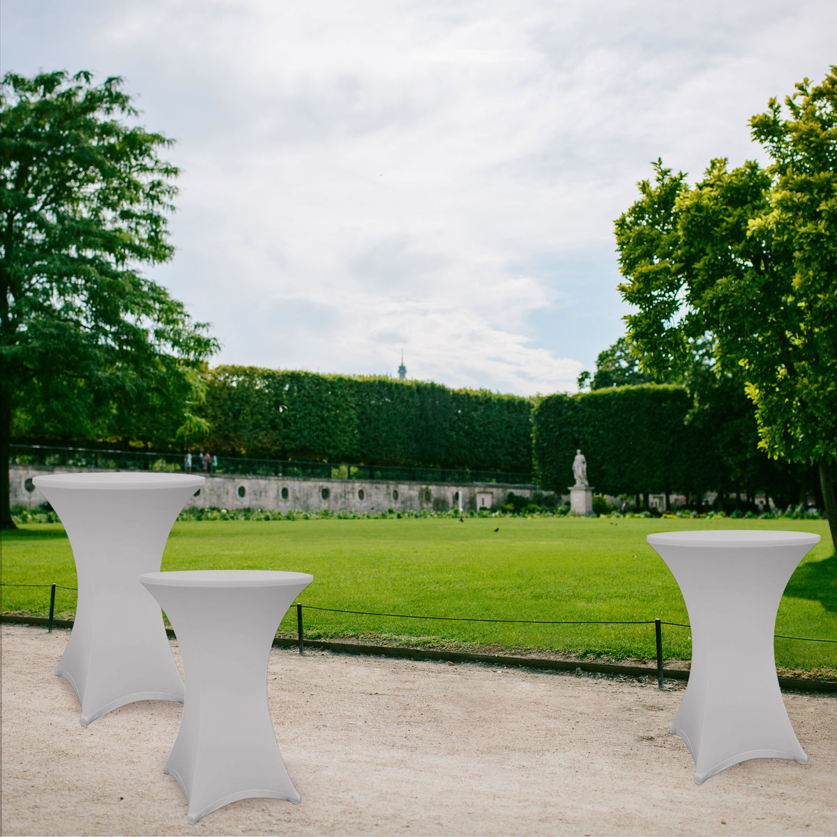 Stehtischhusse 2er-Set silbergrau für Ø 80-85 cm, elegant, abwischbar, waschbar 40 °C, für drinnen und draußen geeignet.