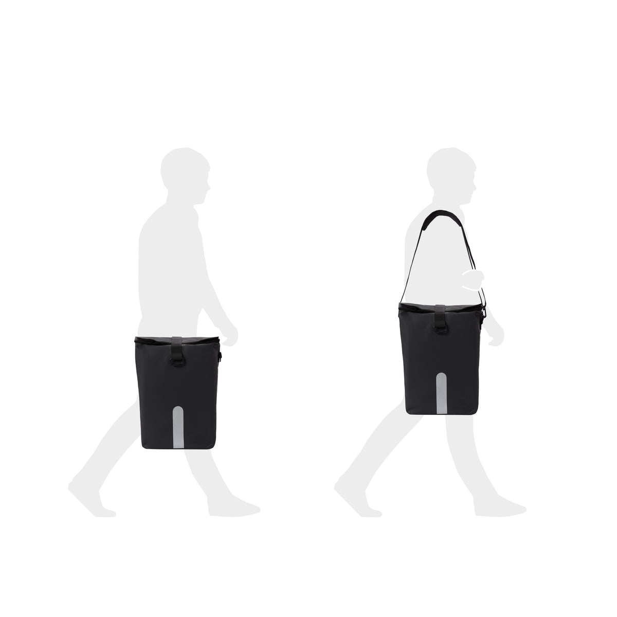 Zwei Ansichten der wasserdichten Fahrradtasche Roll-Top - 21 L - Schwarz, gezeigt als Hand- und Umhängetasche.