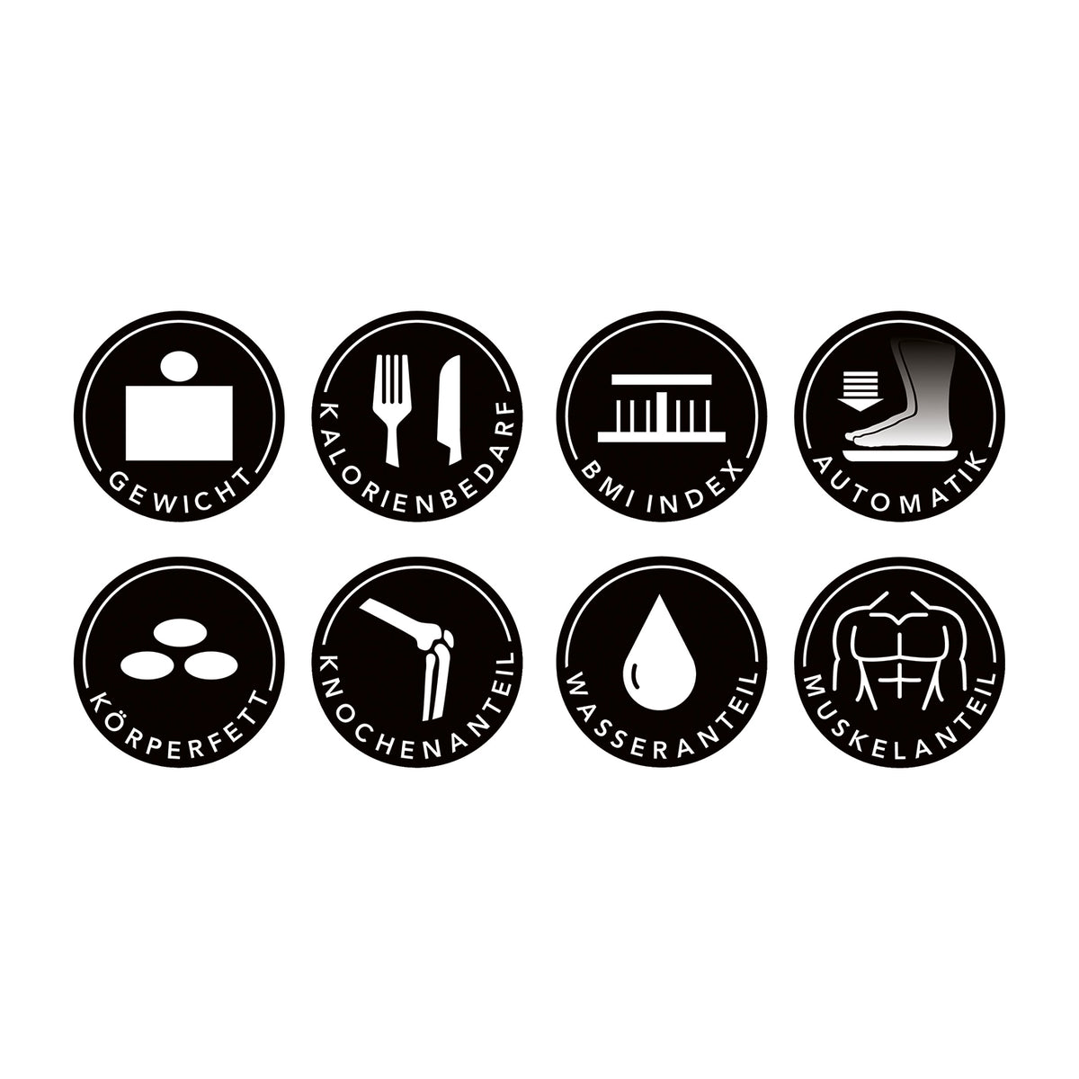 Personen-Waage Körperanalyse mit Bluetooth & App grau zeigt Icons für Gewicht, Kalorienbedarf, BMI, Automatik, Körperfett, Knochen- und Wasseranteil, Muskelanteil.