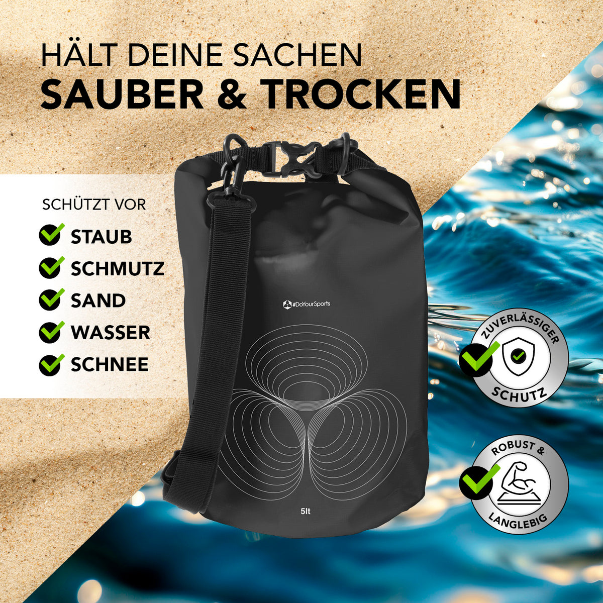 Dry Bag 5L - Schwarz wasserdichter Rucksack mit Rolltop, schützt vor Staub, Schmutz, Sand, Wasser und Schnee, robust und langlebig.