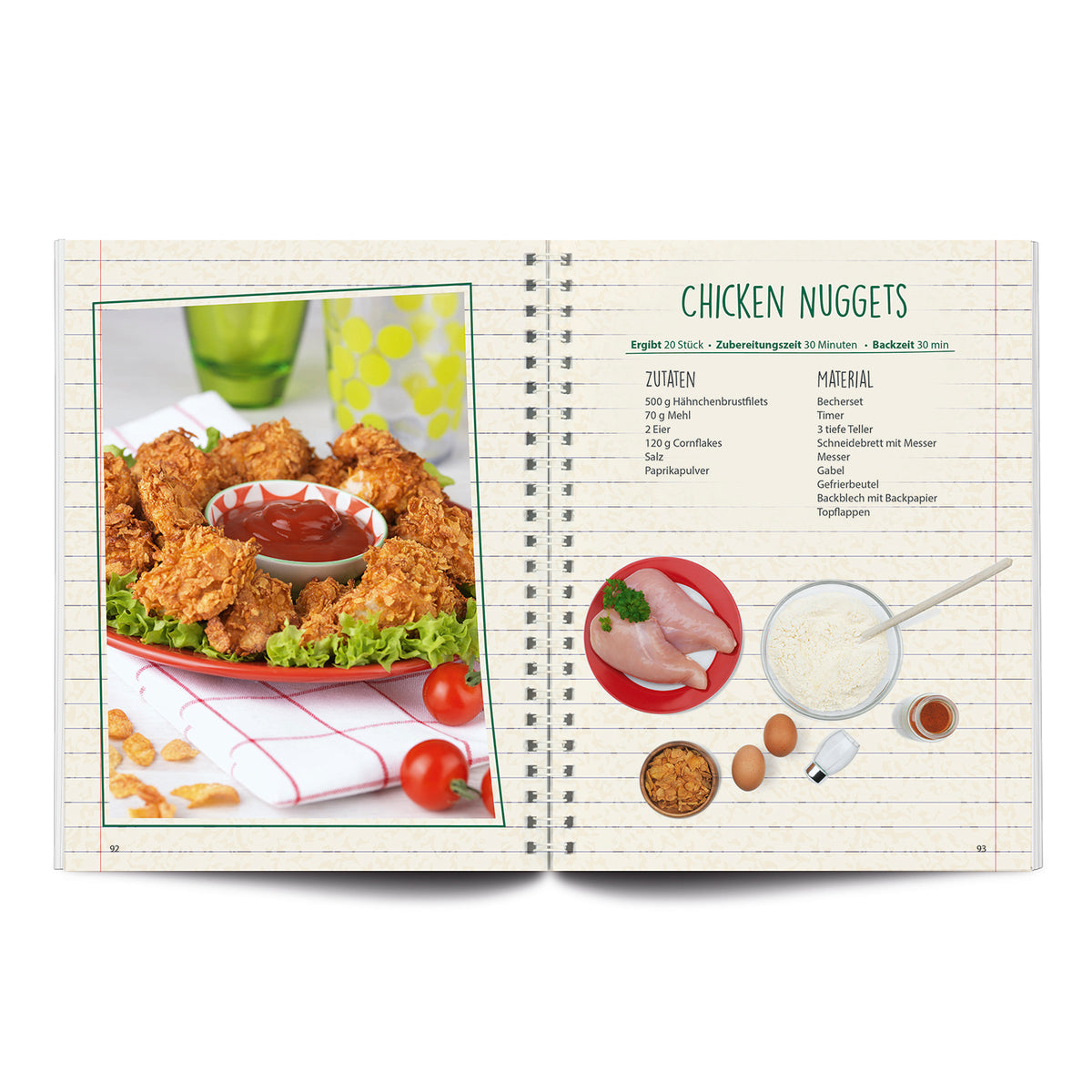 Rezeptbuch inkl. Messbecher-Set - Band 4 - Kleine Gerichte ganz groß! zeigt ein Rezept für kinderfreundliche Chicken Nuggets.