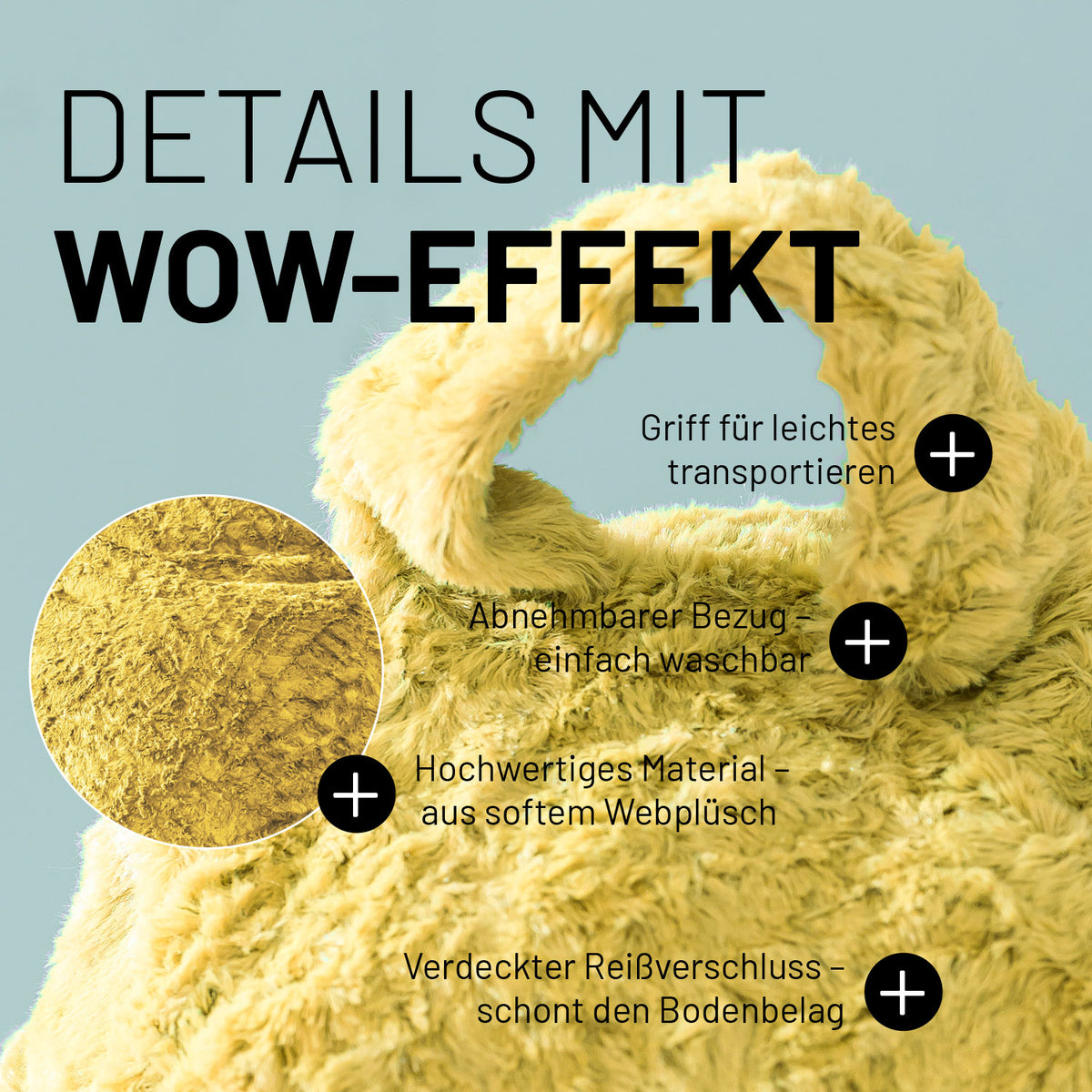 Luxury Fluffy Sitzsack (120 L) Gelb mit weichem Webplüsch, abnehmbarem Bezug und Griff für einfaches Transportieren.