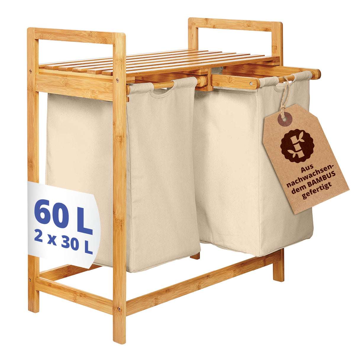 Bambus Wäschekorb mit 2 ausziehbaren Wäschesäcken, 73x64x33 cm, beige, wasserabweisend und umweltfreundlich aus Bambus.