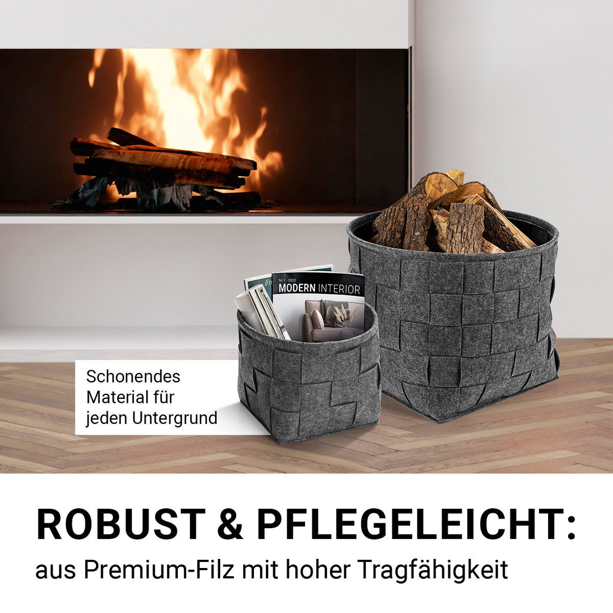 Filz-Aufbewahrungskorb L - 40 x 40 x 40 cm - Dunkelgrau, faltbar, robust, schont Böden, ideal für Holz und Magazine im modernen Scandi-Stil.