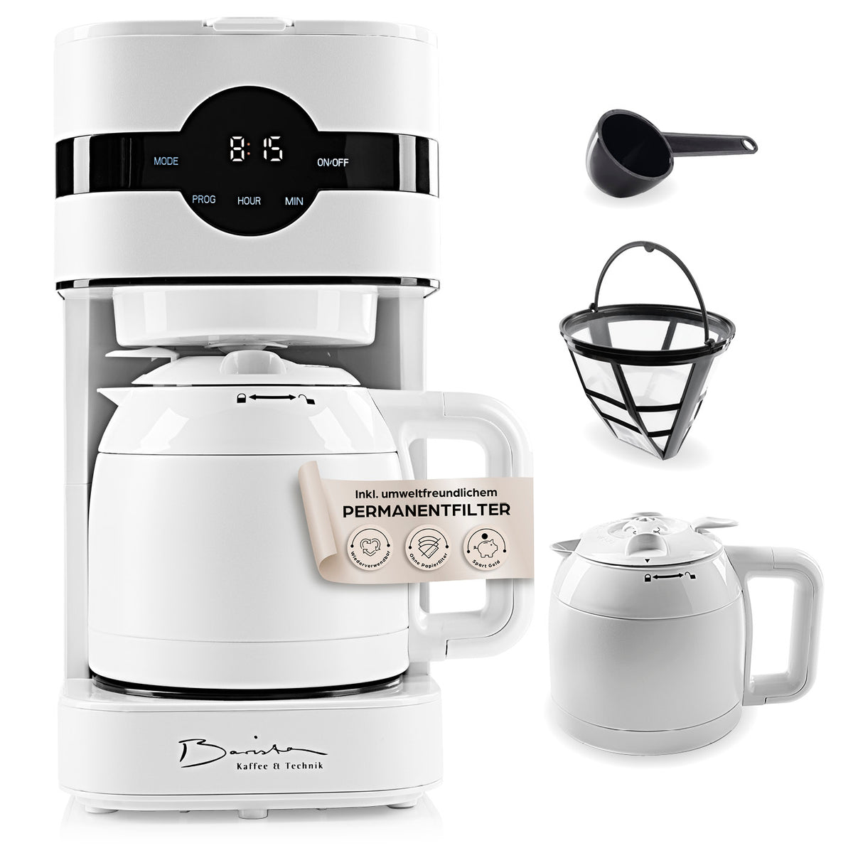 Filterkaffeemaschine Touch Iso - weiß mit Timer, LED-Touchdisplay, doppelwandiger Edelstahl-Isolierkanne und Permanentfilter.